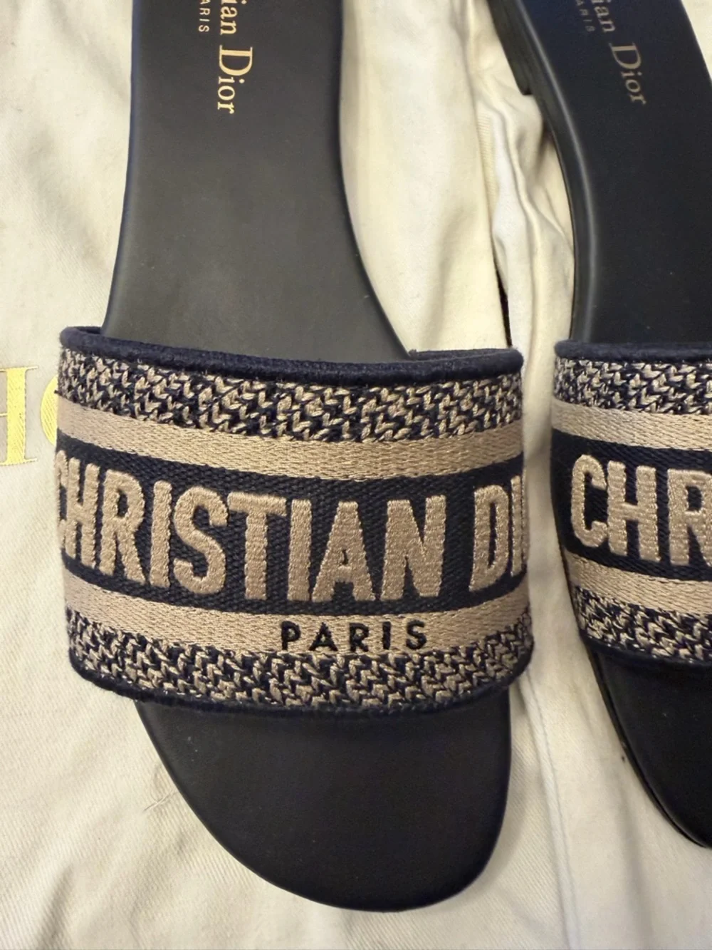 Dior Navy Blue Slide Sandals with Beige Logo Strap - Picture 3 of 5